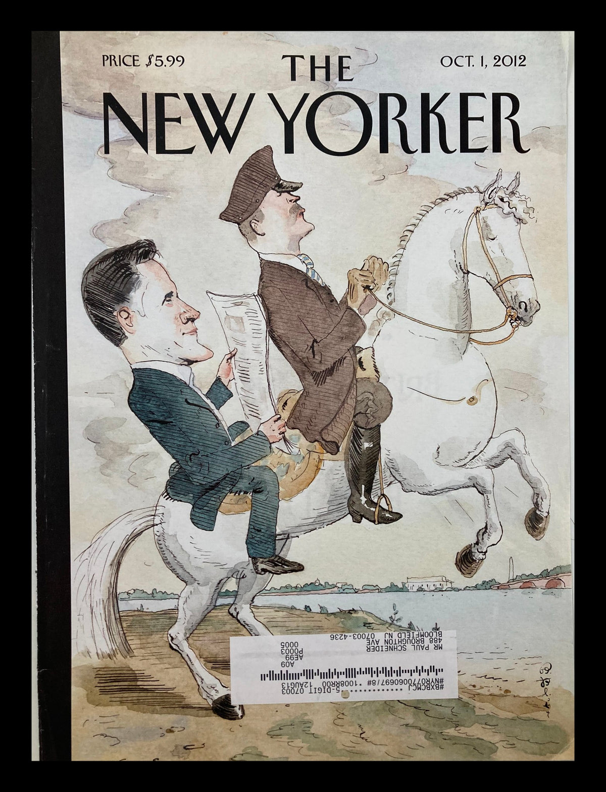 Cover of The New Yorker October 1, 2012 by Barry Blitt, featuring a whimsical illustration of two characters on horseback, showcasing comedic Americana.