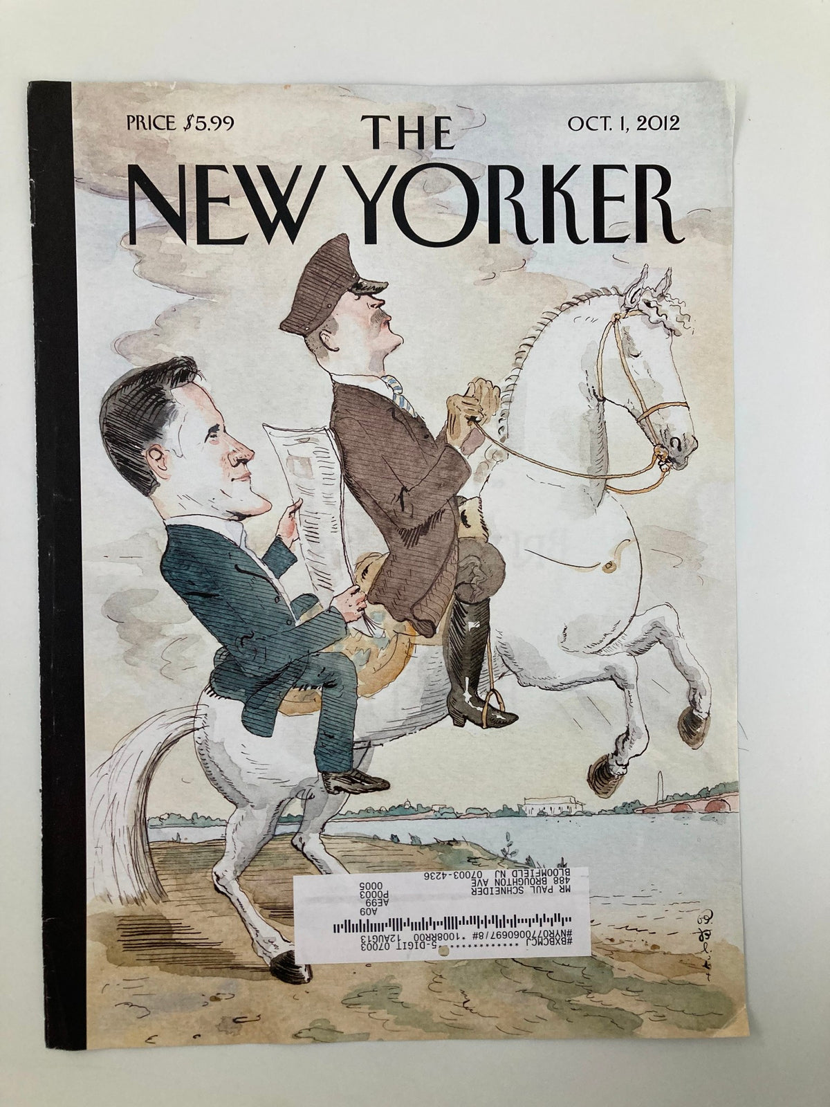 Another view of The New Yorker October 1, 2012 cover by Barry Blitt, emphasizing the humorous depiction of figures on horseback, perfect for collectors.