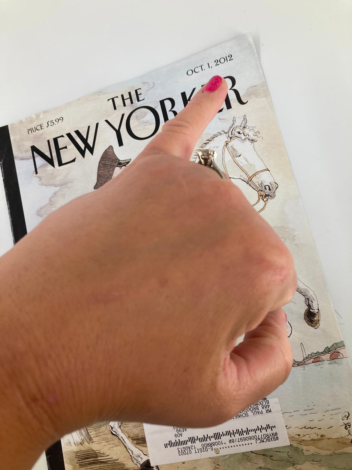 Close-up detail of The New Yorker October 1, 2012 cover by Barry Blitt, showing the magazine's date and unique artistic elements.