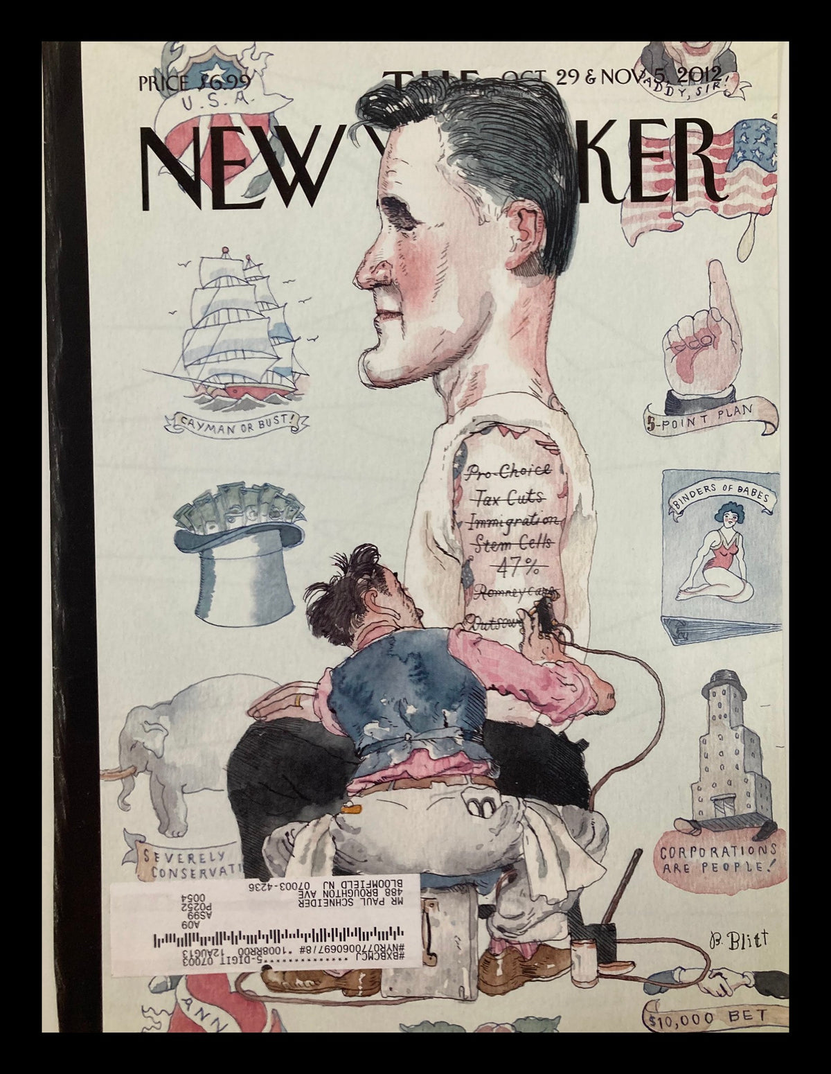 The New Yorker cover from October 29, 2012, featuring 'The Point Plan' by Barry Blitt, depicting a satirical illustration with a focus on modern political themes and humor.