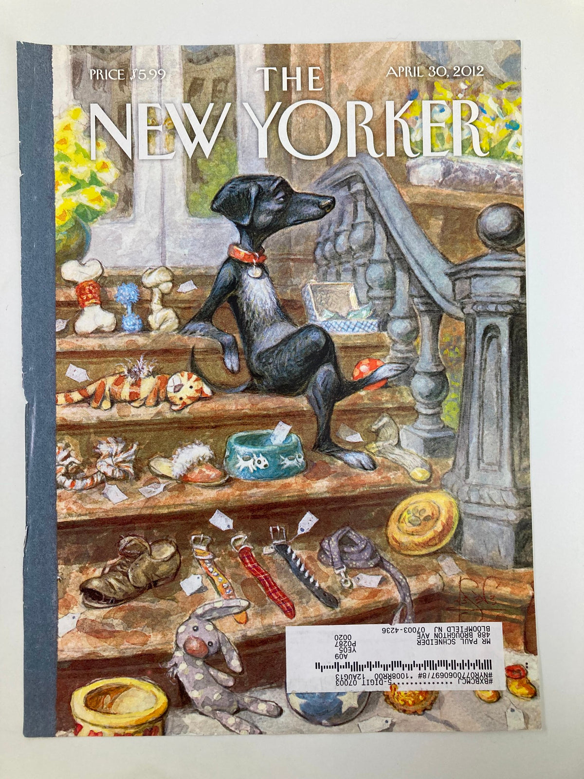 The New Yorker April 30, 2012 cover showcasing a playful illustration by Peter de Seve, depicting a dog sitting on steps among scattered items related to a Dog Tag Sale.