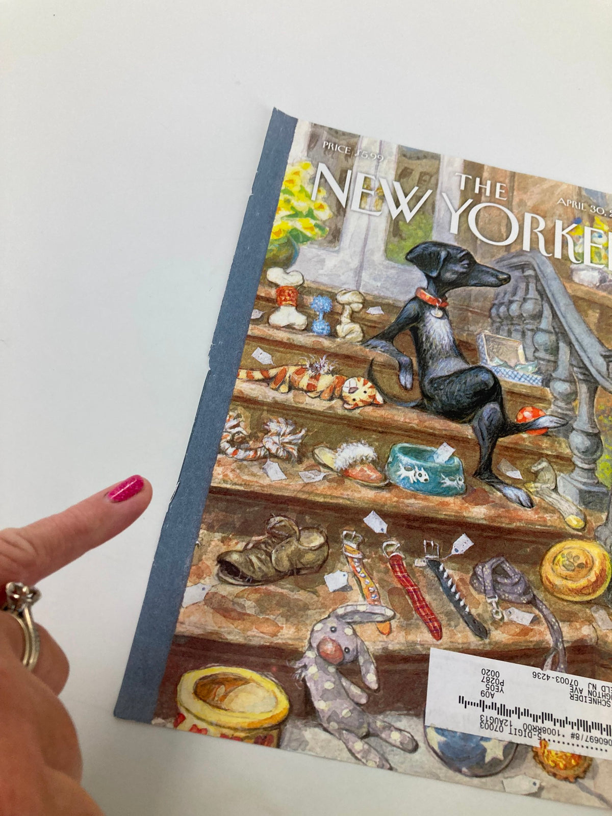 Cover of The New Yorker dated April 30, 2012 featuring a Dog Tag Sale illustration by Peter de Seve, showcasing a whimsical depiction of a dog on a staircase surrounded by vintage items.