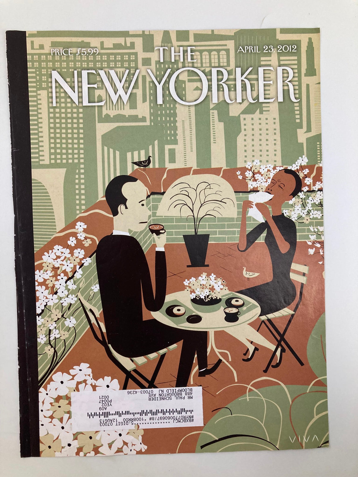 COVER ONLY The New Yorker April 23 2012 The Joys of Outdoors by Frank Viva, showcasing a beautiful illustration of an outdoor dining scene with a couple surrounded by nature.