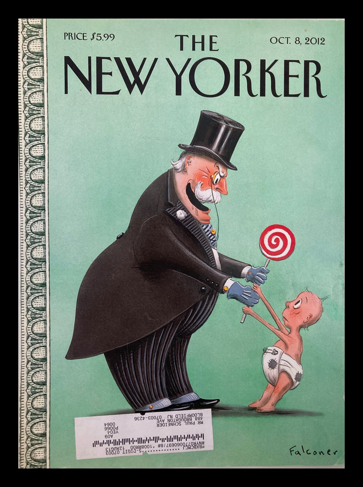 Cover of The New Yorker from October 8, 2012, titled 'Out of the Mouth of Babes' by Falconer, featuring an illustration of a character in a top hat giving a candy to a baby.