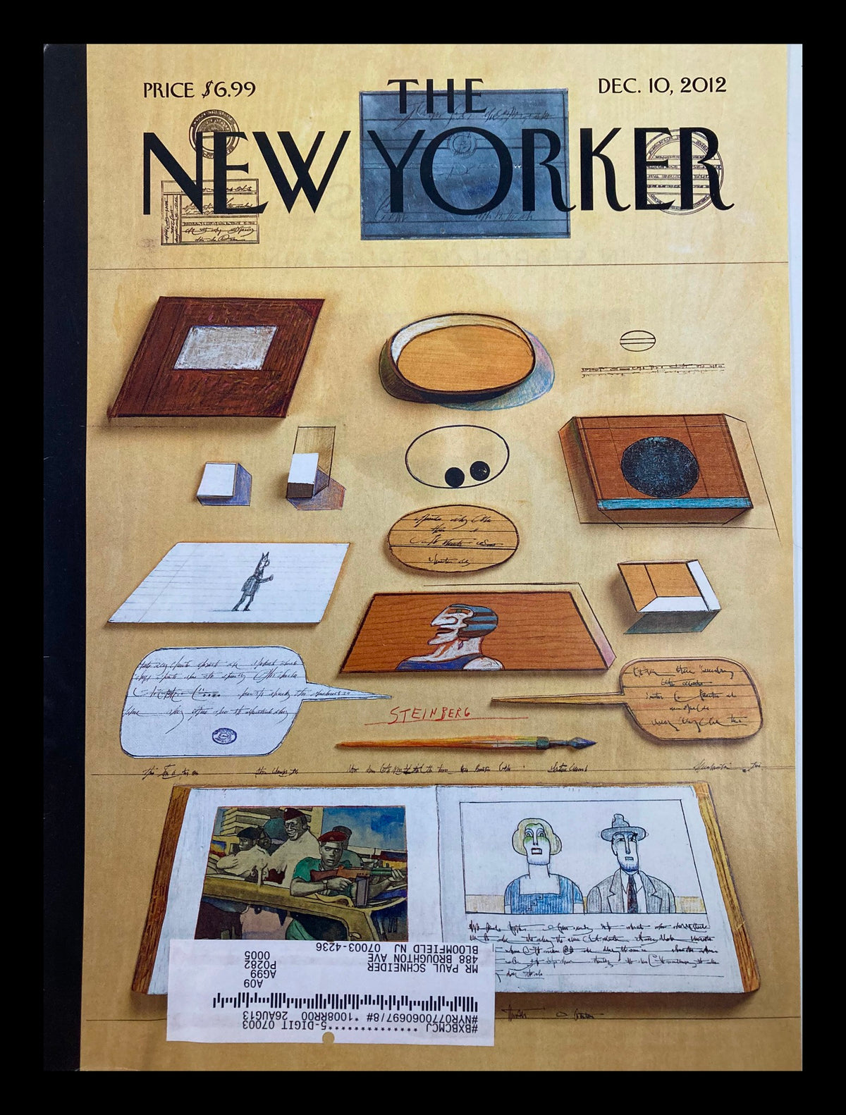 Cover art of The New Yorker magazine dated December 10, 2012, featuring the illustration 'Union Square 1973' by Saul Steinberg, showcasing various artistic objects and sketches.