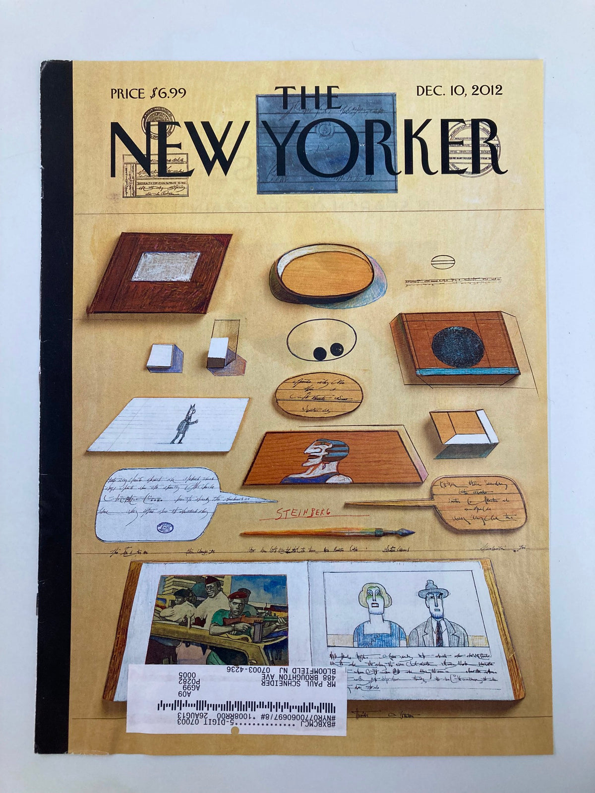 The New Yorker cover from December 10, 2012, highlighting the artwork 'Union Square 1973' by Saul Steinberg, depicting a collection of illustrated items and handwritten notes.