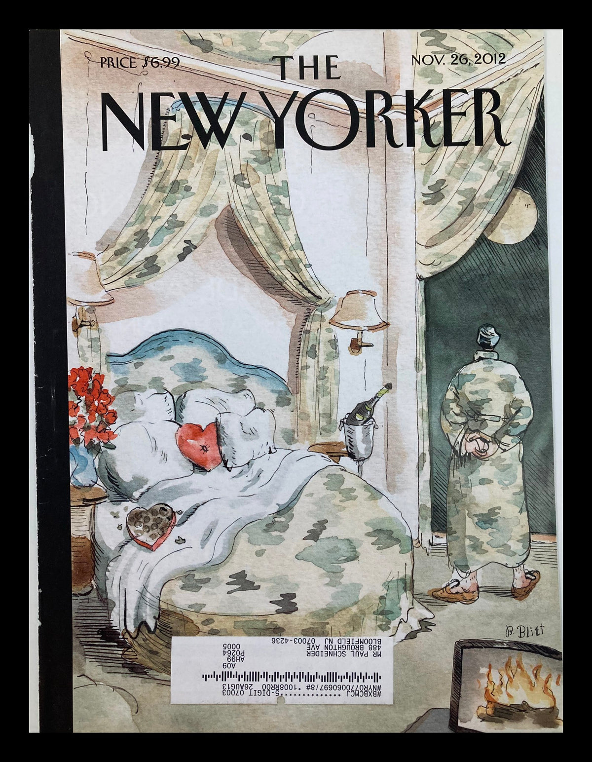 Cover of The New Yorker dated November 26, 2012, featuring 'The Camouflage' artwork by Barry Blitt, depicting a whimsical scene of a couple in a bedroom with camouflage patterns.