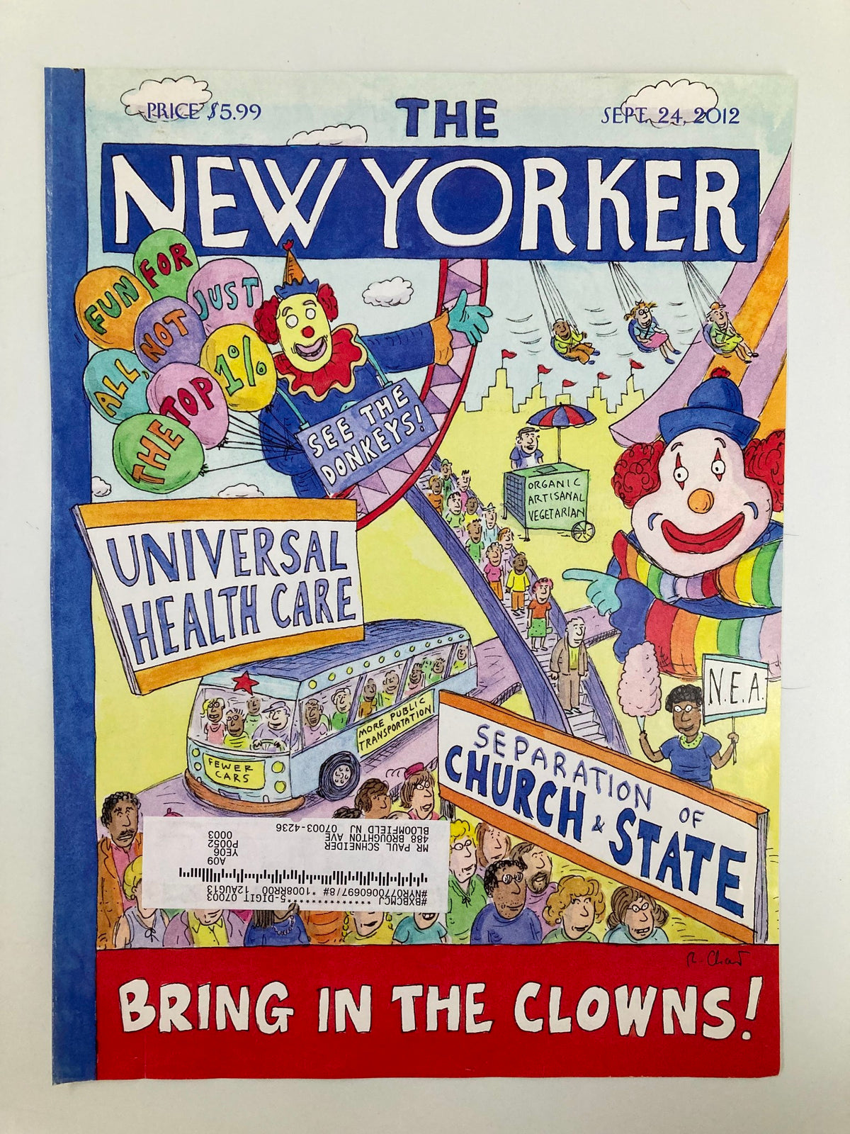 COVER ONLY The New Yorker September 24 2012, titled 'Bring in the Clowns' by Roz Chast, showcasing colorful illustrations of clowns, a bus with political messages, and a lively street scene.