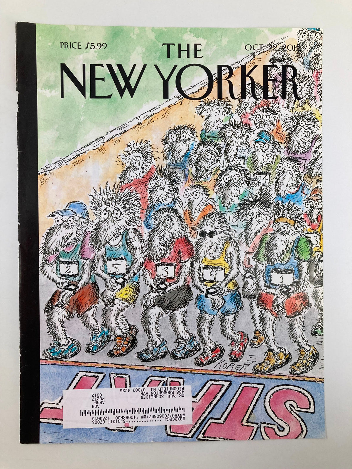 The New Yorker cover for October 22, 2012, showcasing 'On Your Mark' by Edward Koren, illustrating a humorous gathering of stylized animals ready to race.