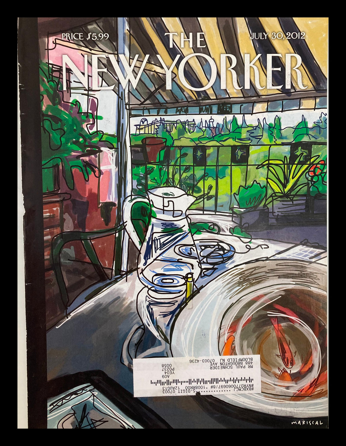 Cover of The New Yorker July 30 2012 titled 'Shaded Terrace' by Javier Mariscal, featuring a vibrant illustration of a terrace scene with colorful plants.