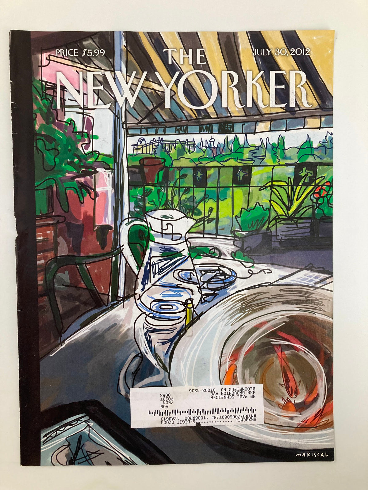 Cover of The New Yorker July 30 2012 titled 'Shaded Terrace' by Javier Mariscal, showcasing an artistic depiction of a sunlit terrace with touches of greenery.