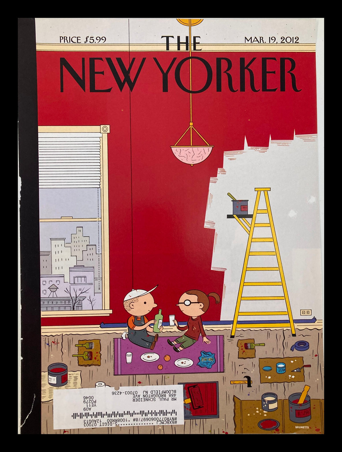 Cover only of The New Yorker March 19 2012, titled 'Theme Cover Warmth' by Ivan Brunetti, featuring cartoon characters in a room with a red wall and construction elements.