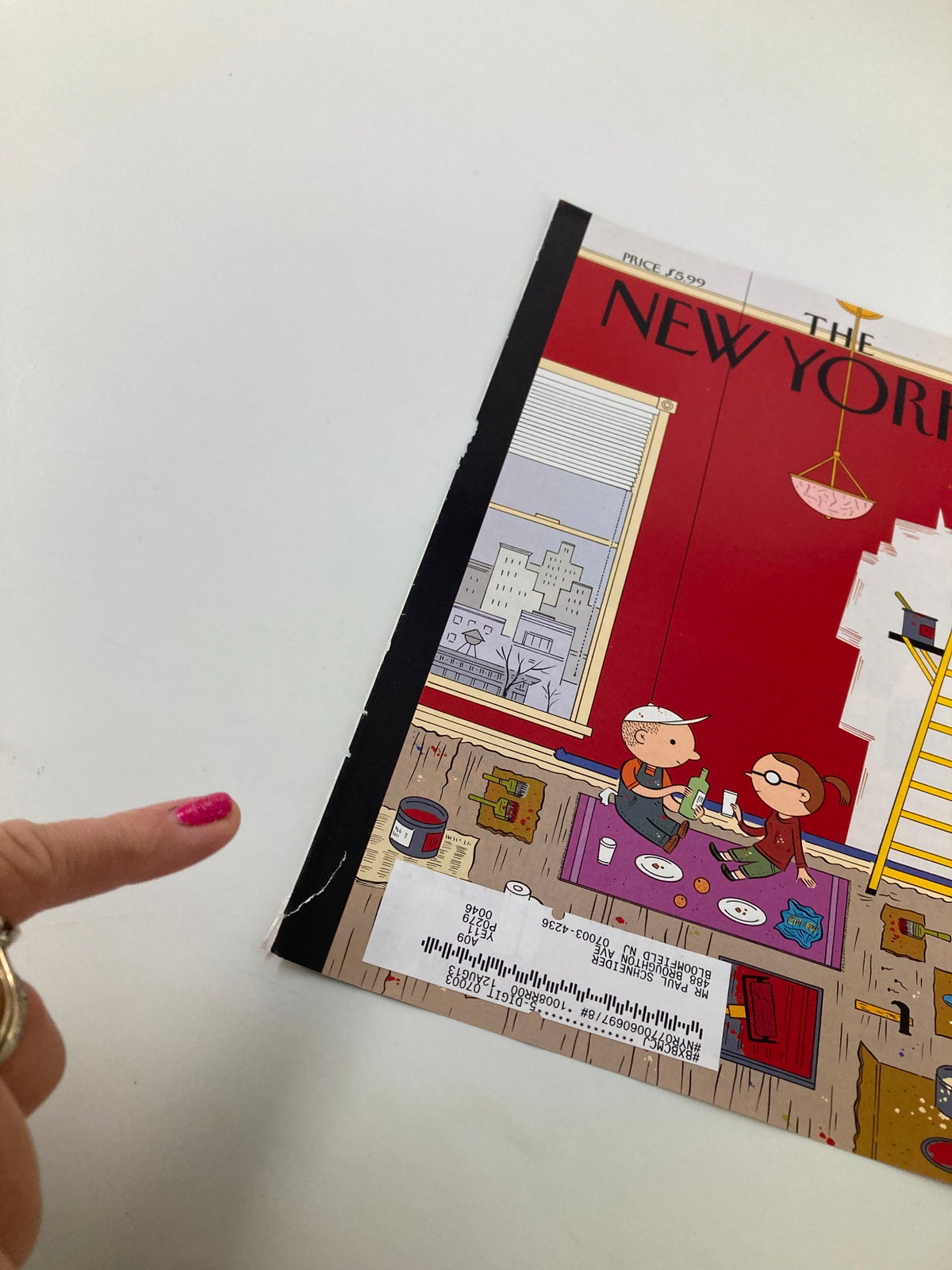Close-up of The New Yorker March 19 2012 cover titled 'Theme Cover Warmth' by Ivan Brunetti, highlighting a hand pointing at the magazine's edge and the vibrant red wall scene.