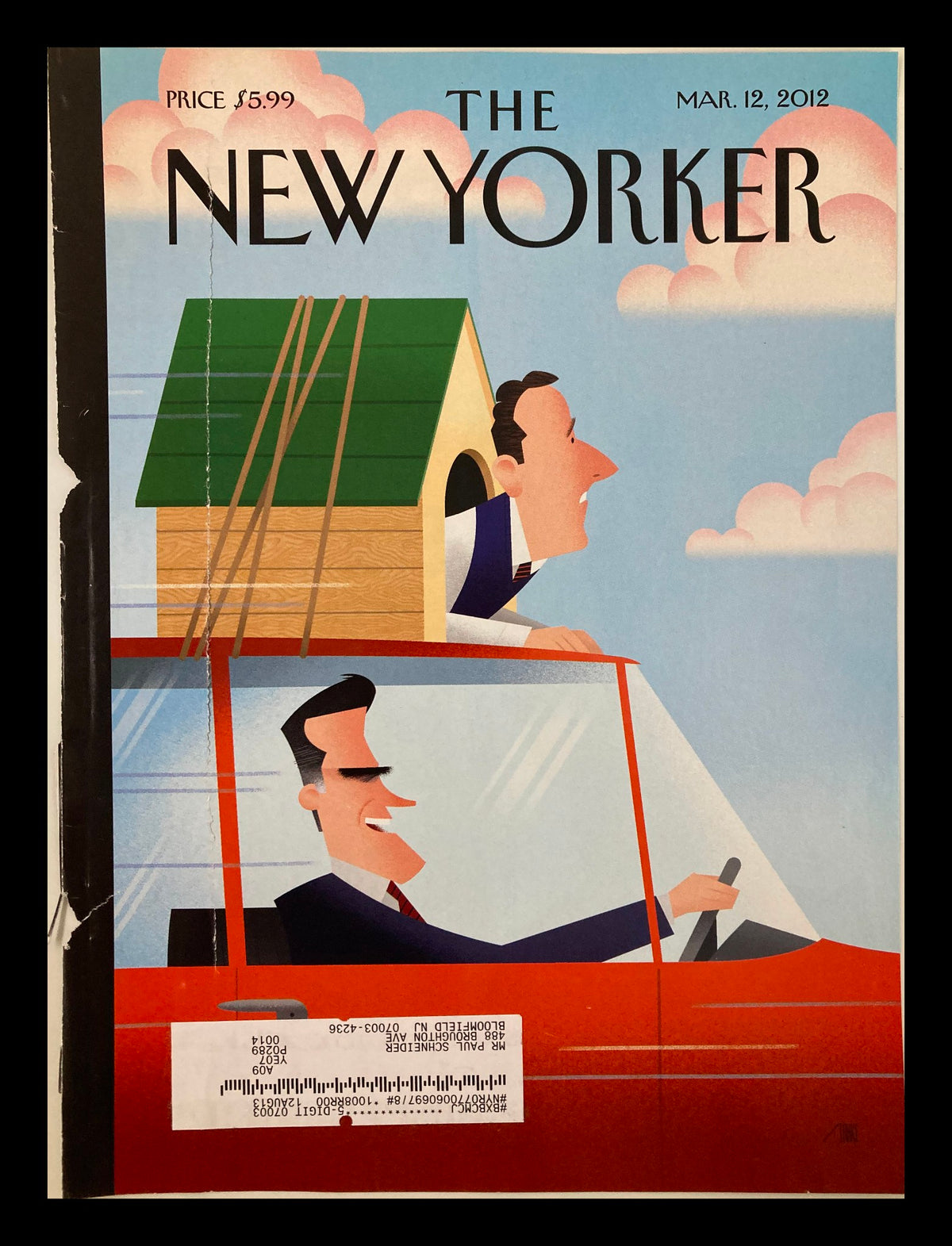 The New Yorker March 12, 2012 cover titled 'State by State' by Bob Staake, featuring a colorful illustration of two men in a car, with a doghouse on top, reflecting American culture.