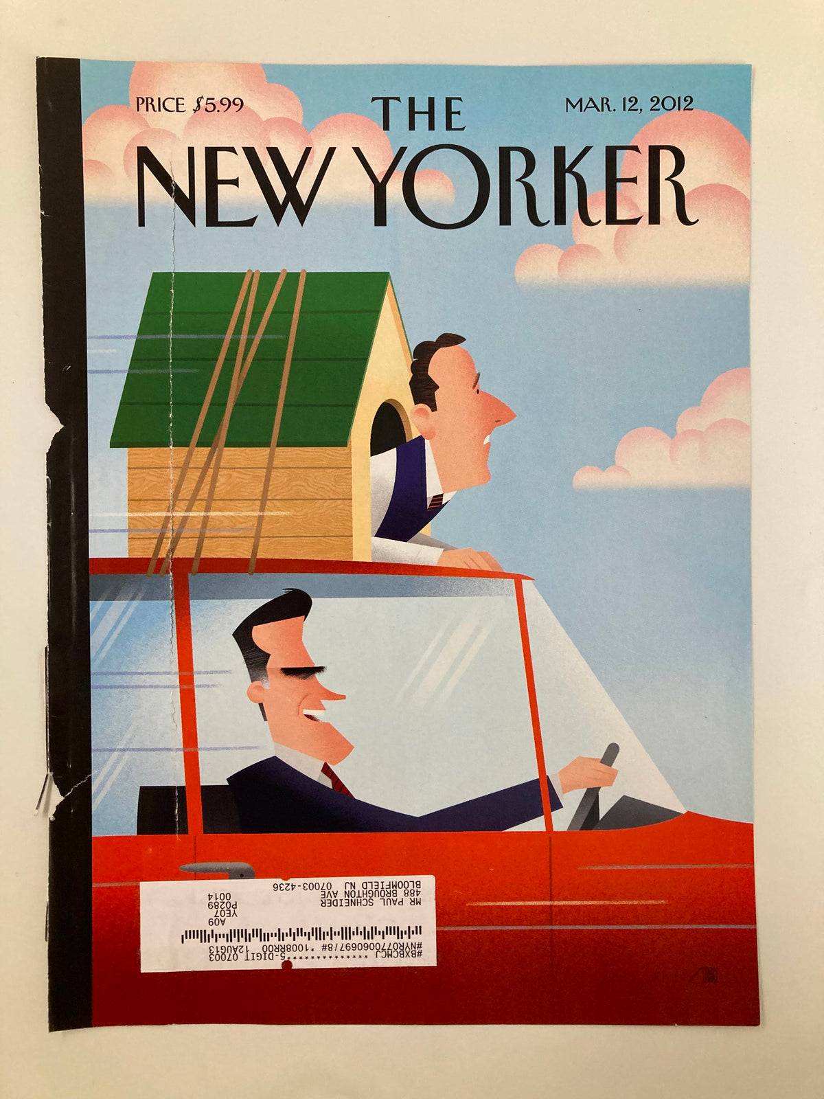 The New Yorker March 12, 2012 cover titled 'State by State' by Bob Staake, showcasing the vibrant art style with two characters in a car and a doghouse, ideal for collectors.