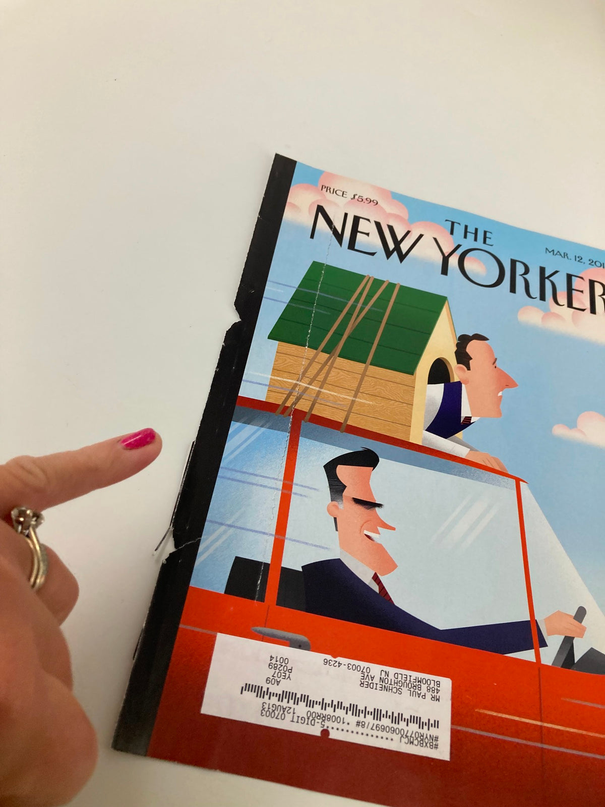 Close-up of The New Yorker March 12, 2012 cover titled 'State by State' by Bob Staake, highlighting the wear and nostalgic details of the magazine cover.