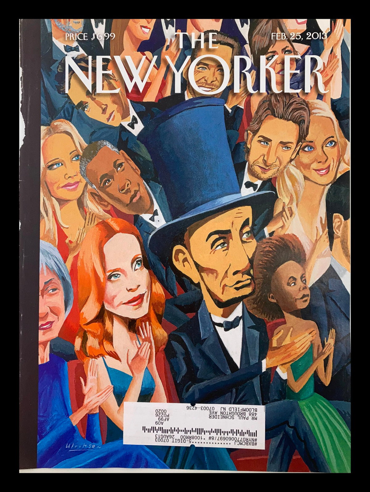 The New Yorker Cover - February 25, 2013 featuring Abe Lincoln by Mark Ulriksen in a crowd of applauding characters, capturing the essence of American history and art.