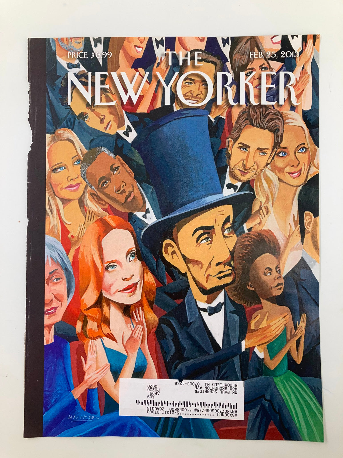 The New Yorker Cover - February 25, 2013 showcasing Abe Lincoln illustrated by Mark Ulriksen, surrounded by enthusiastic audience members, a tribute to iconic American leadership.