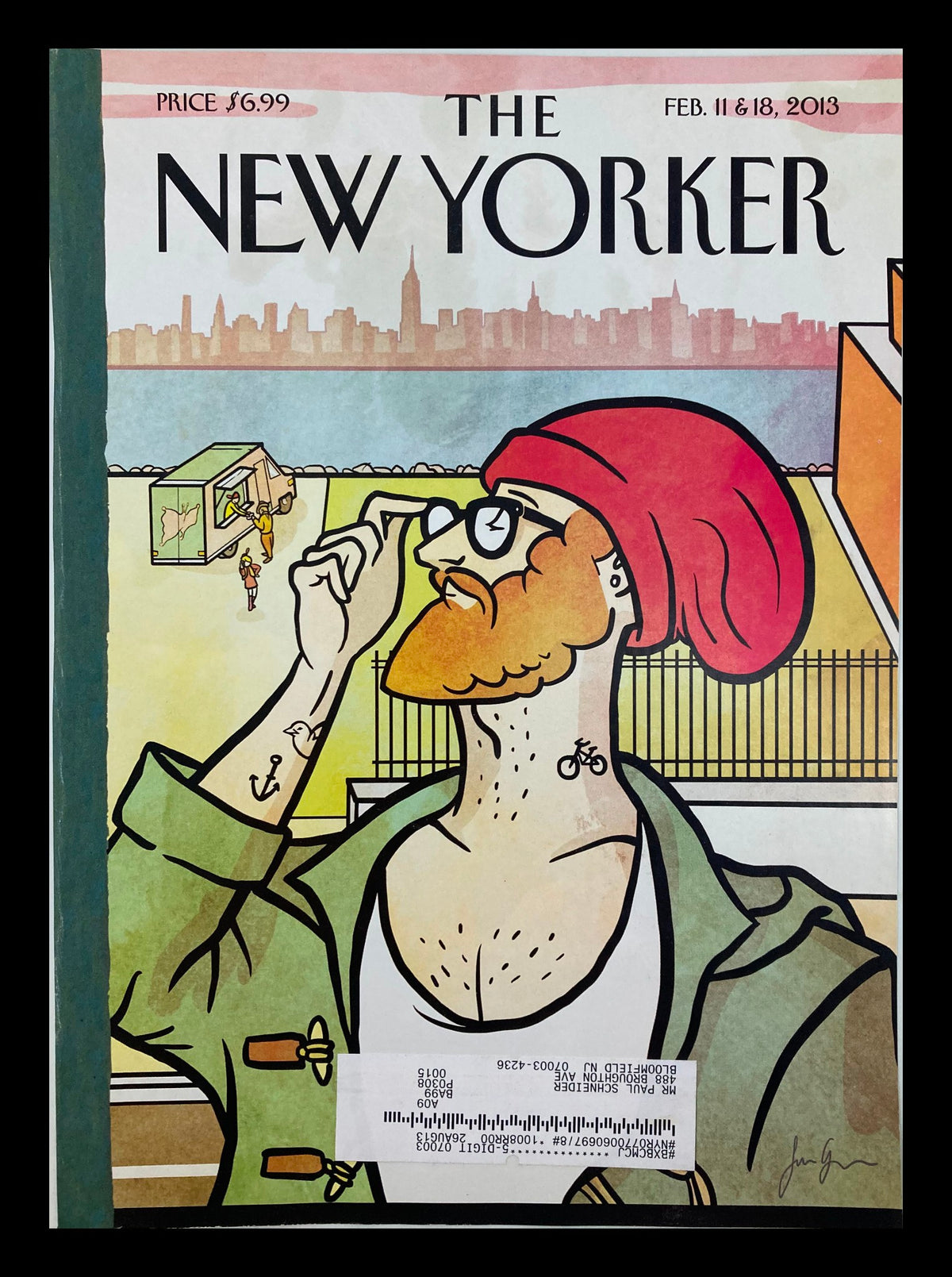 Cover of The New Yorker February 11 & 18 2013 featuring 'Brooklyn's Eustace' by S. Greiner, showcasing vibrant artwork of a bearded man in a red hat, highlighting Brooklyn's culture.