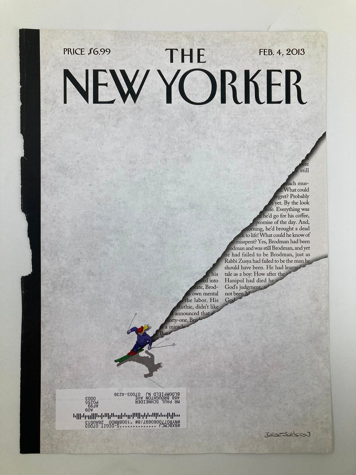 Cover of The New Yorker magazine from February 4, 2013, titled 'First Tracks' by Birgit Schossow, featuring vibrant artwork of a skier against a textured background.