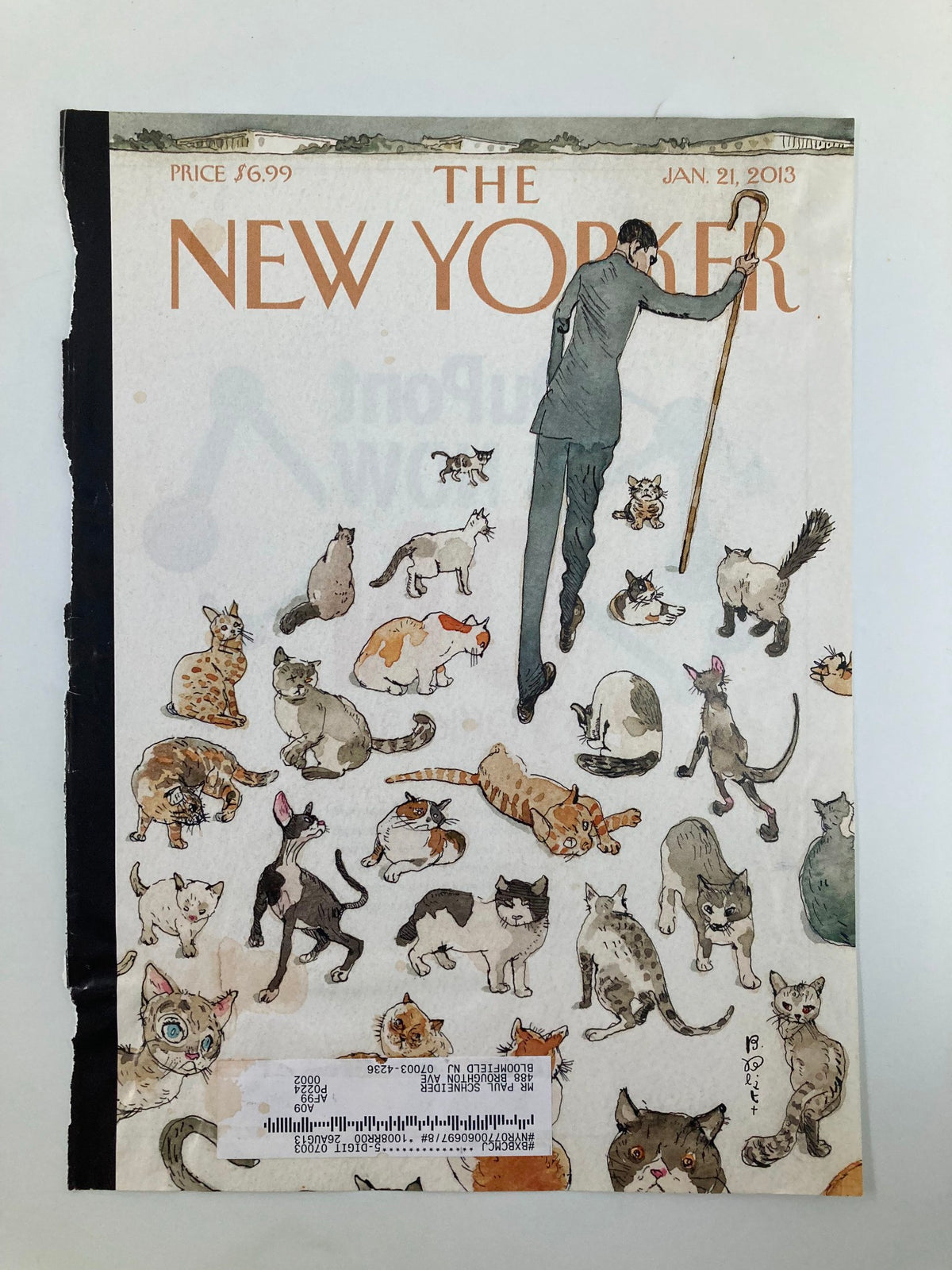 The New Yorker magazine cover dated January 21, 2013, depicting the 'Herding Cats' artwork by Barry Blitt, illustrating a humorous scene of various cats around a man in formal attire.
