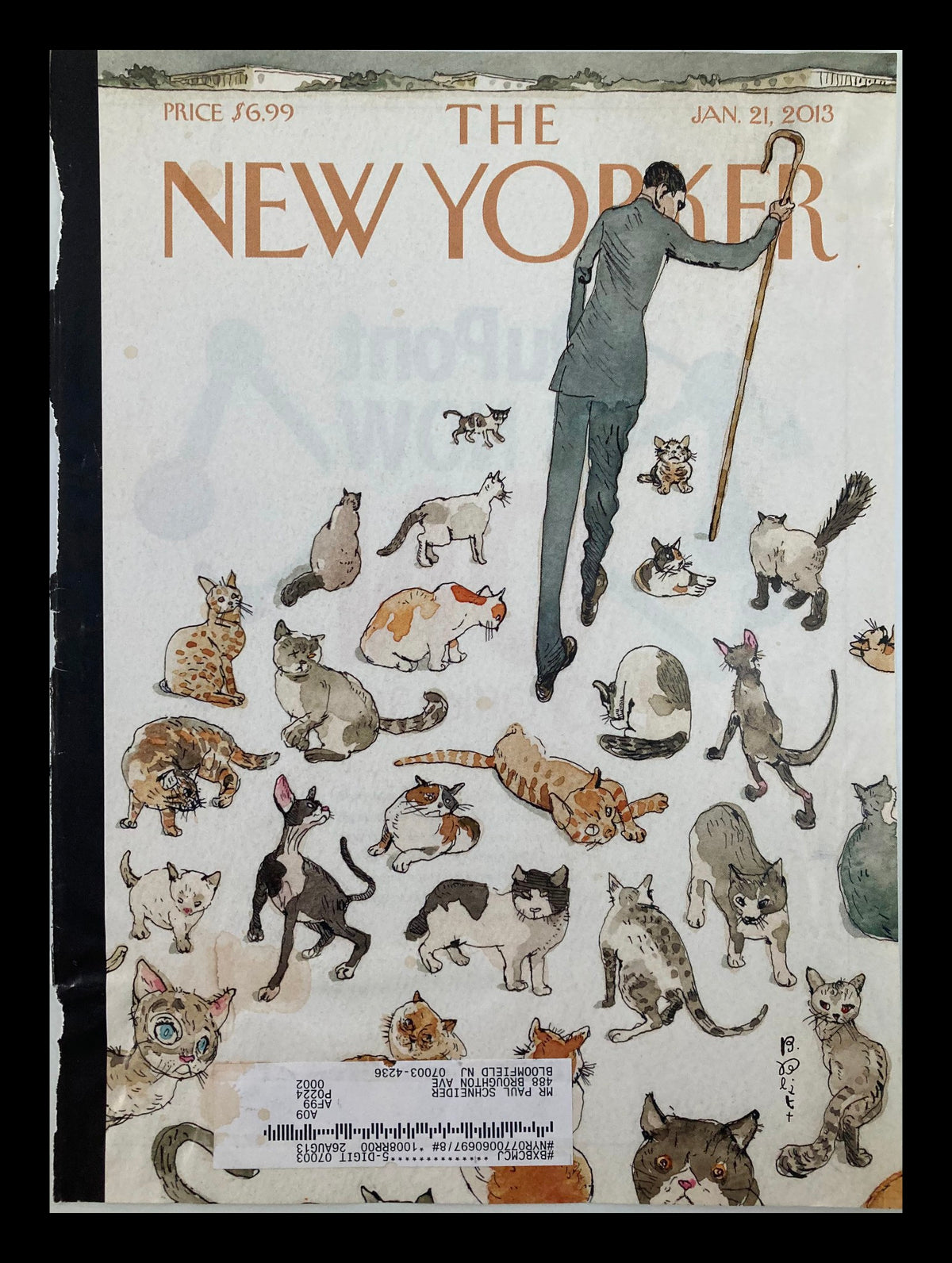 The New Yorker magazine cover from January 21, 2013, featuring the artwork 'Herding Cats' by Barry Blitt, showcasing a whimsical illustration of cats with a man in a suit holding a cane.