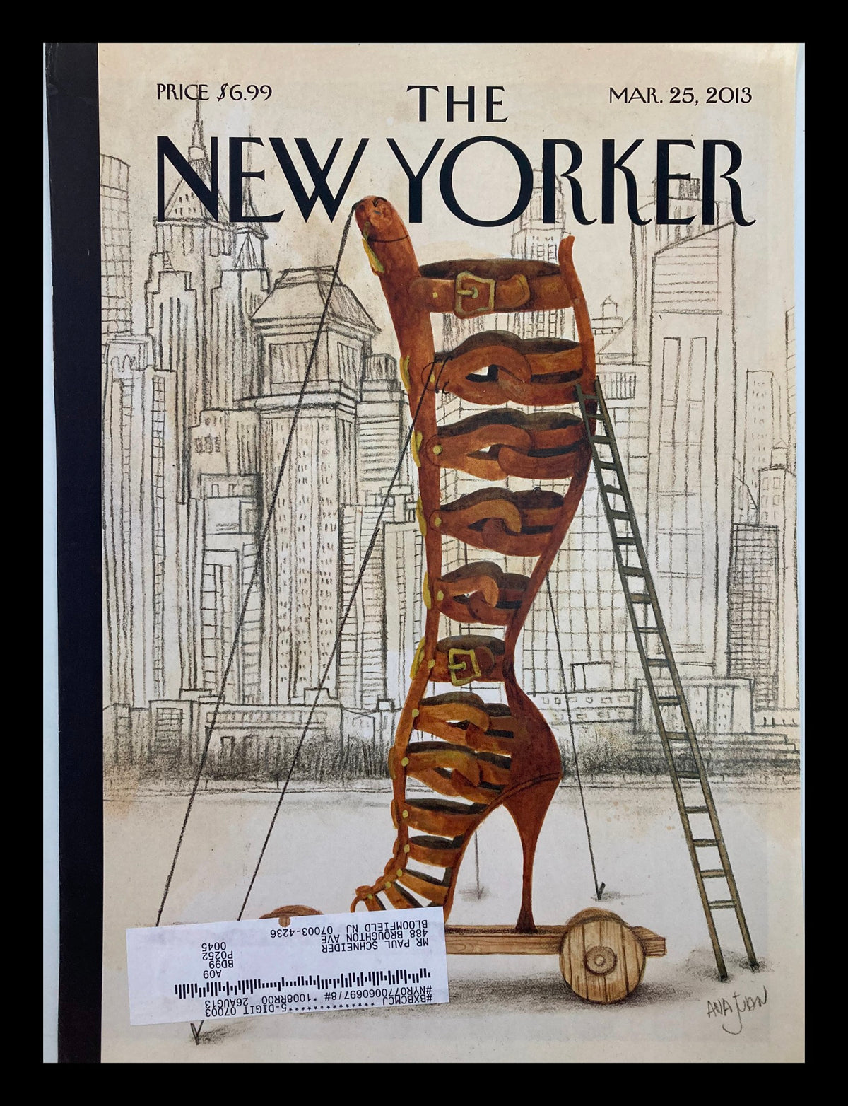 The New Yorker cover dated March 25, 2013, featuring an artistic depiction of a high-heeled shoe, designed by Ana Juan, set against a city skyline background.