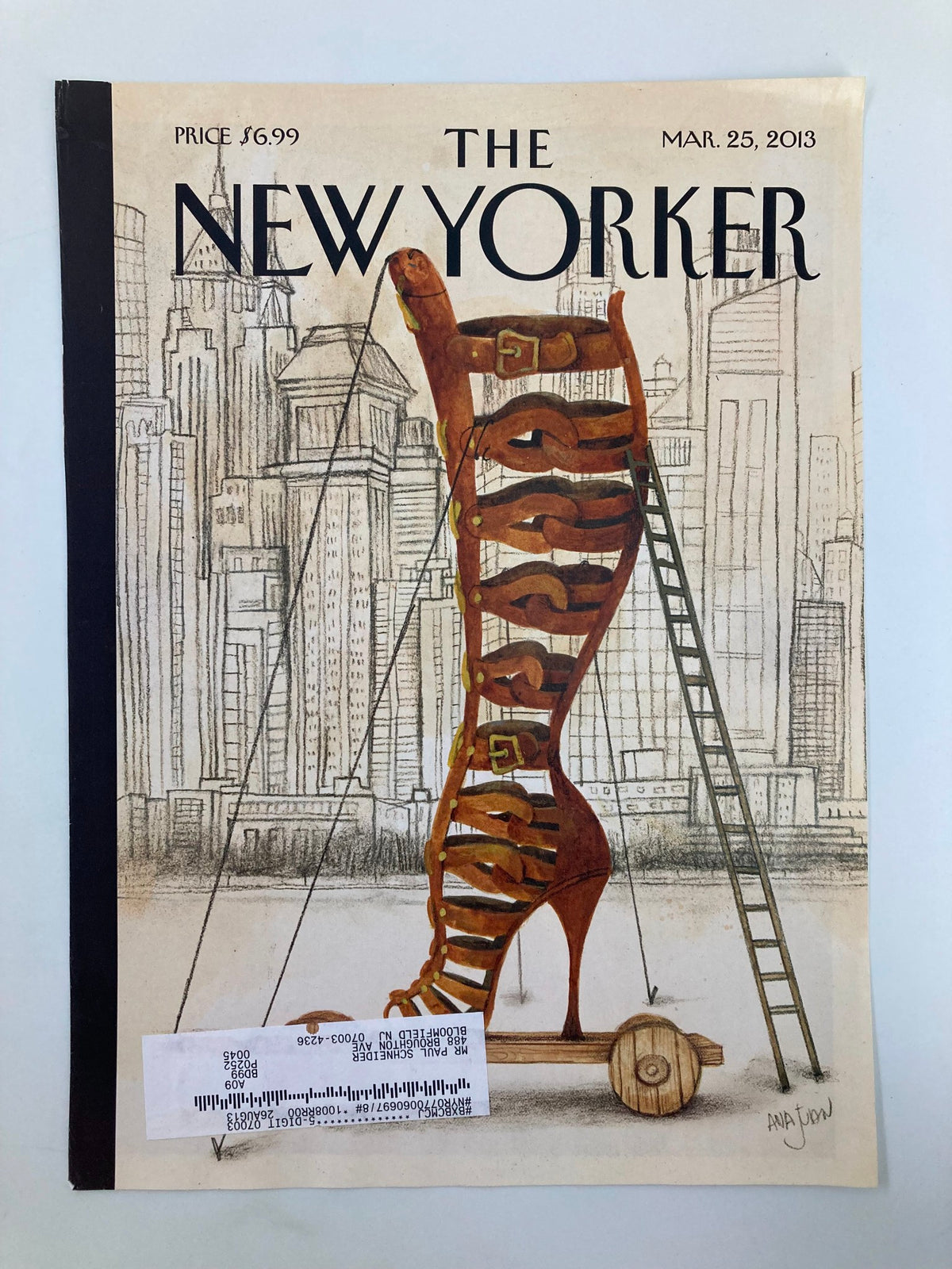 The New Yorker cover dated March 25, 2013, showcasing a creative illustration of a stylish high-heeled shoe by Ana Juan, with a ladder and urban scenery in the backdrop.
