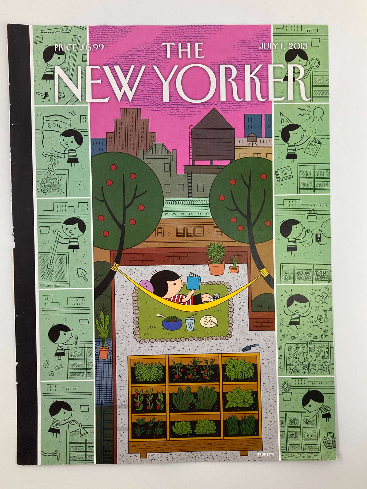 The New Yorker cover from July 1 2013, titled 'Garden Reading' by Ivan Brunetti, depicting a peaceful garden scene with a girl reading and vibrant greenery.