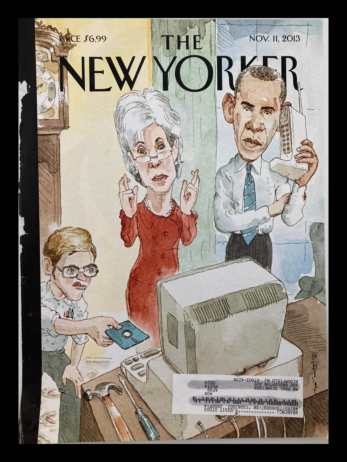 The New Yorker cover from November 11, 2013, featuring a satirical illustration by Barry Blitt of Barack Obama with a vintage telephone, surrounded by a woman and a child, reflecting the political atmosphere of the time.
