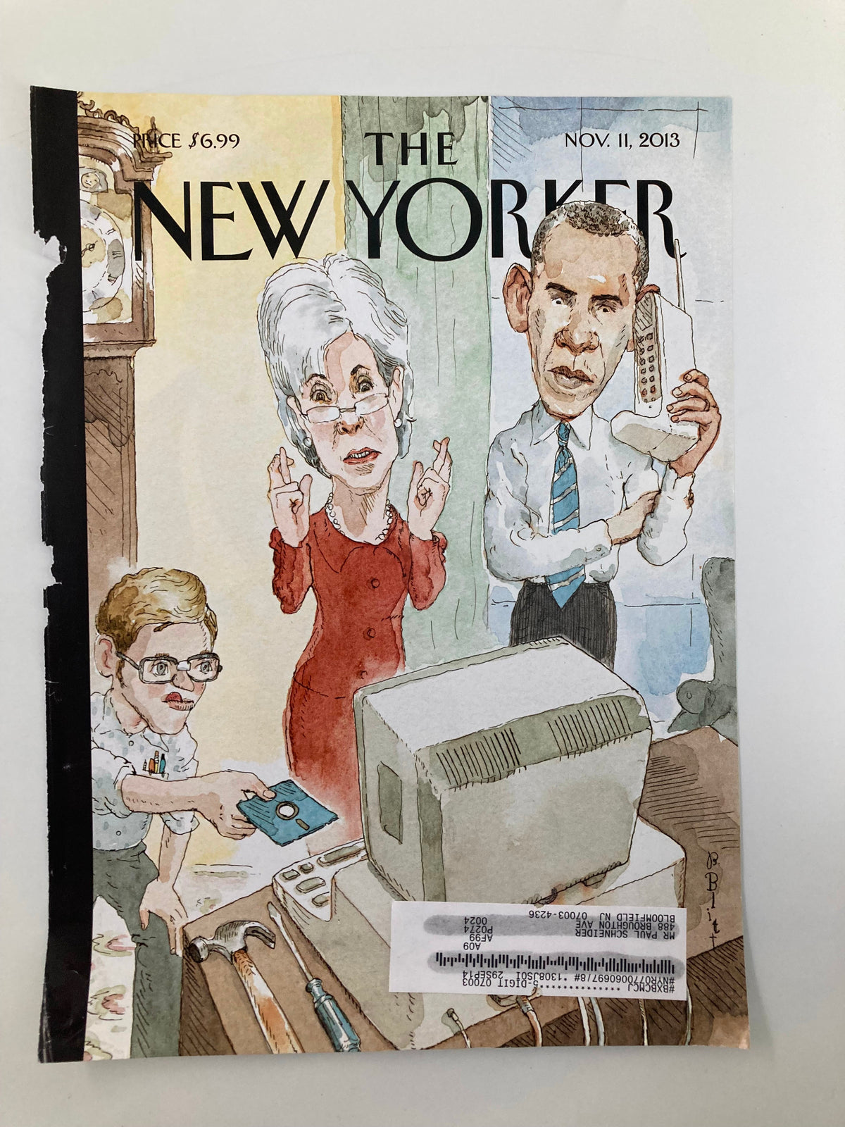 Cover of The New Yorker November 11, 2013 featuring iconic artwork by Barry Blitt depicting Barack Obama, Kathleen Sebelius, and a child, reflecting political themes.