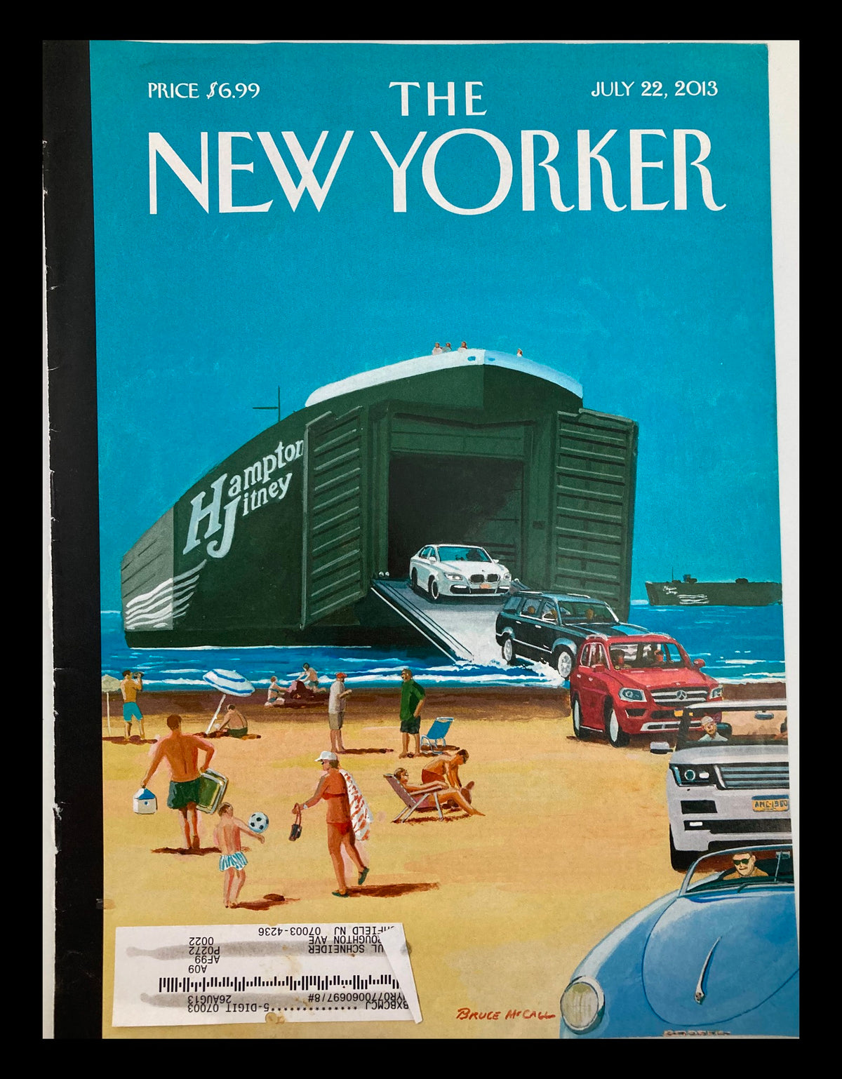 Cover of The New Yorker July 22, 2013 featuring artwork titled 'Operation Neptune' by Bruce McCall, showcasing a beach scene with people enjoying summer activities, cars parked on the sand, and a large boat ramp in the background.