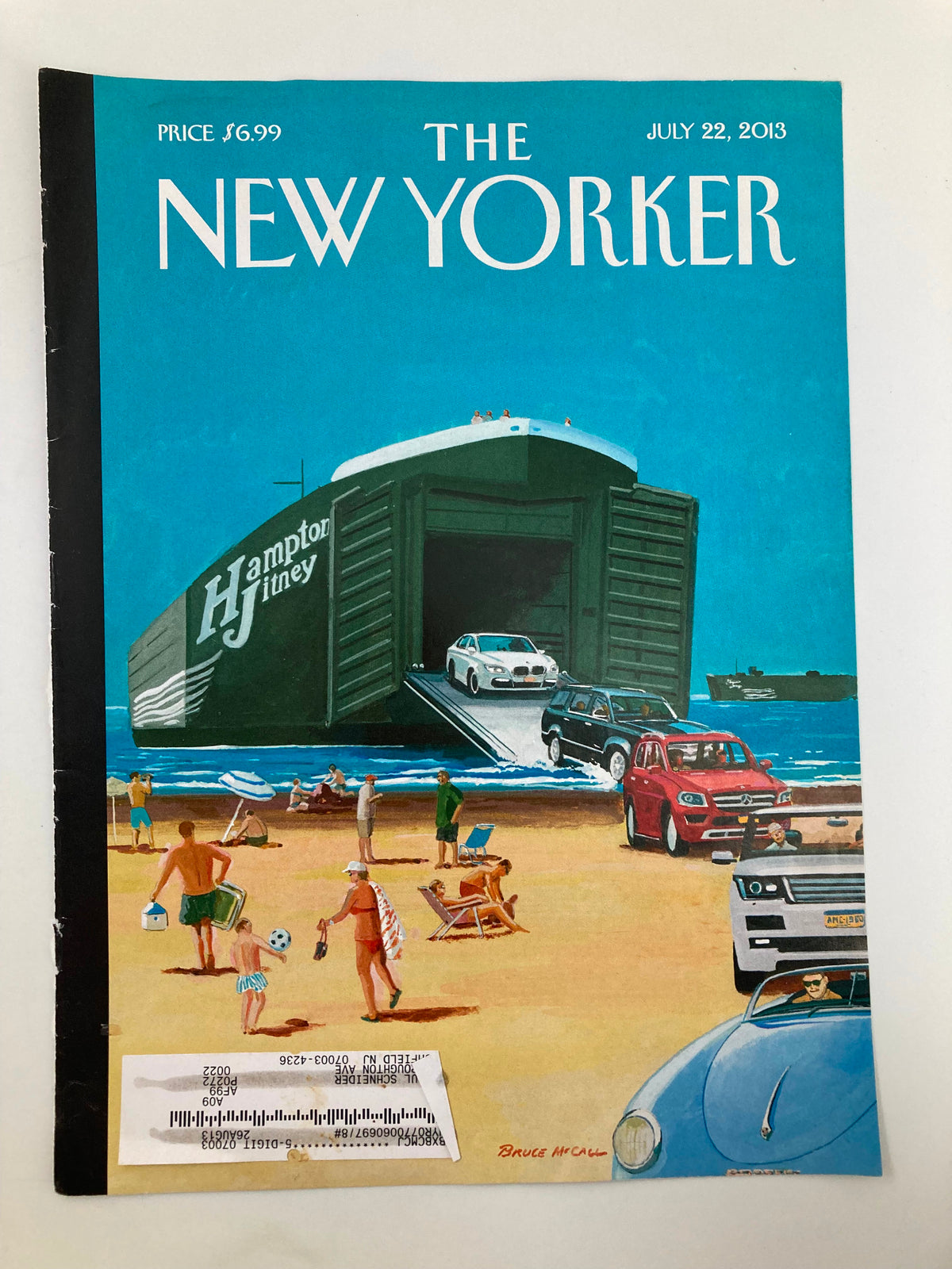 Cover of The New Yorker July 22, 2013 displaying 'Operation Neptune' by Bruce McCall, depicting a vibrant beach day scene, with families enjoying leisure activities and vehicles on the shoreline.