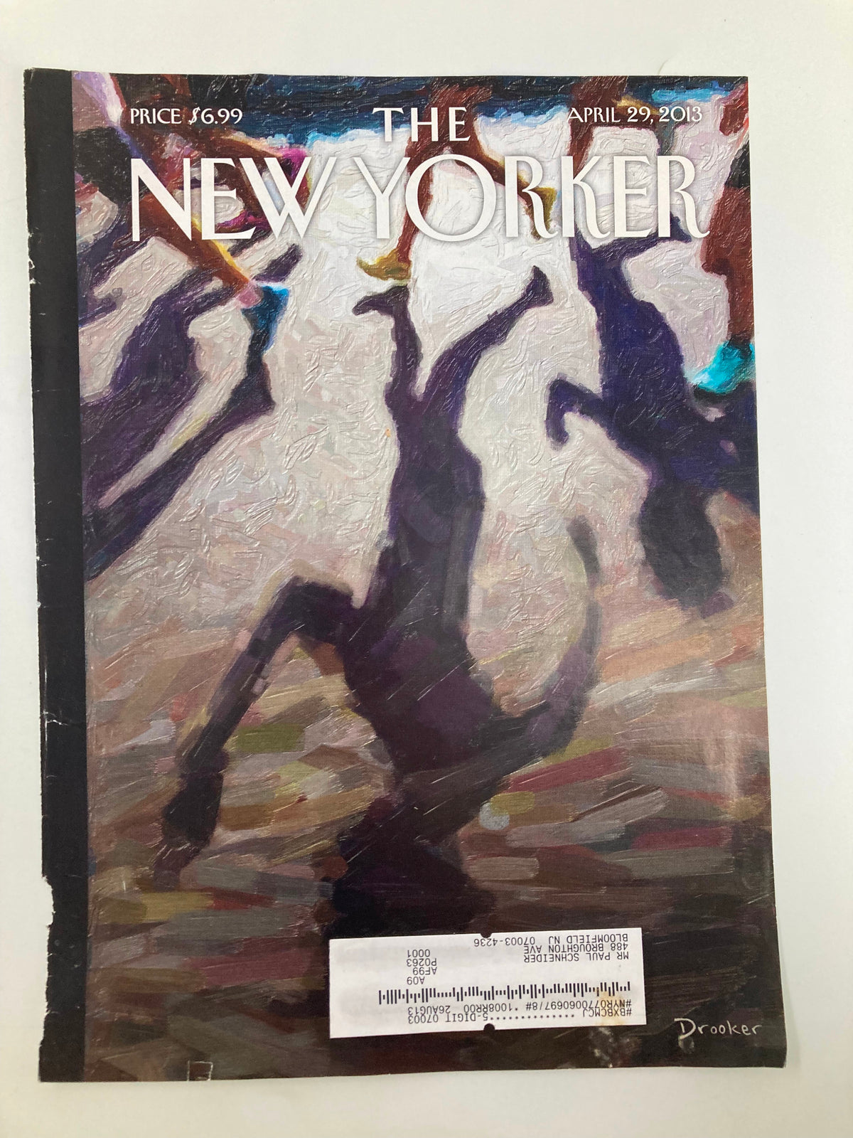 The New Yorker magazine cover from April 29, 2013, depicting 'Shadow Over Boston' by Eric Drooker, illustrating shadowy figures with vibrant colors.