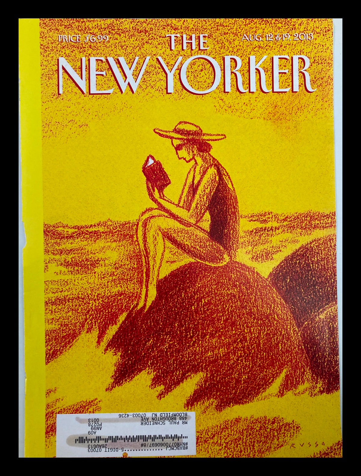 COVER ONLY The New Yorker August 12 2013 Reading A Book By The Beach by Russo, features a serene illustration of a woman reading on a rock against a bright yellow backdrop.