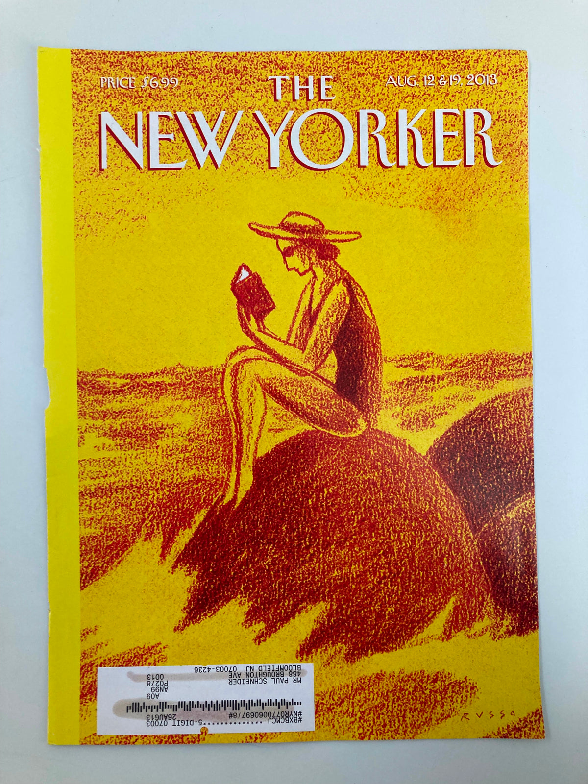 COVER ONLY The New Yorker August 12 2013 Reading A Book By The Beach by Russo, depicts a tranquil scene of a woman enjoying a book on a rock, illustrated in warm colors.