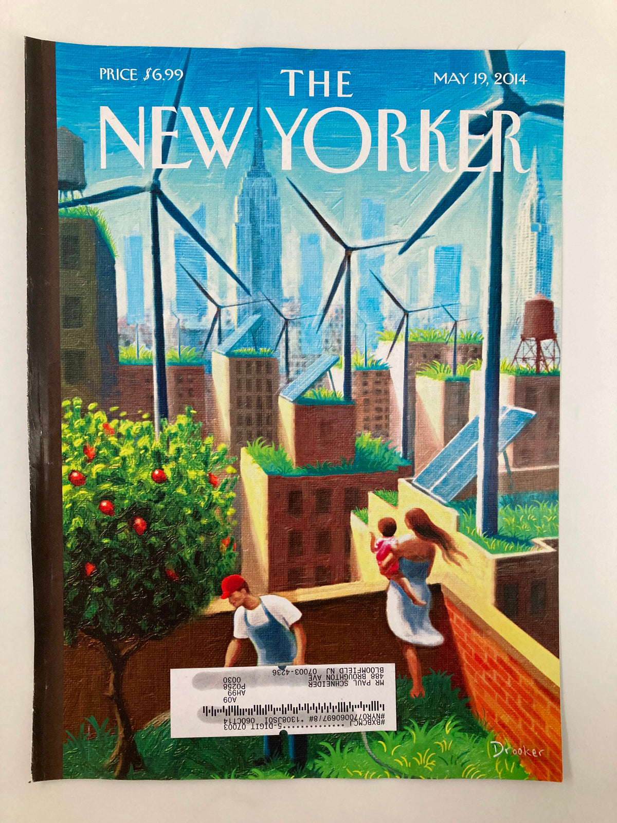 Cover of The New Yorker May 19 2014 with Eric Drooker's 'The Innovators' artwork, depicting a lush green environment alongside urban elements and families.