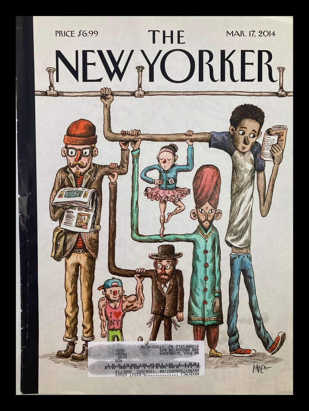The New Yorker March 17 2014 Theme Cover Straphangers by Liniers, featuring colorful illustrations of diverse urban characters interacting with subway straps.