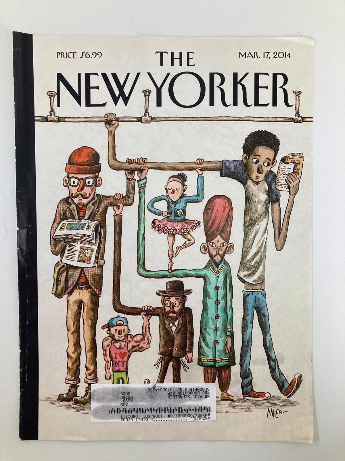 The New Yorker March 17 2014 Theme Cover Straphangers by Liniers, showcasing an artistic depiction of city life with various characters holding subway strap poles.