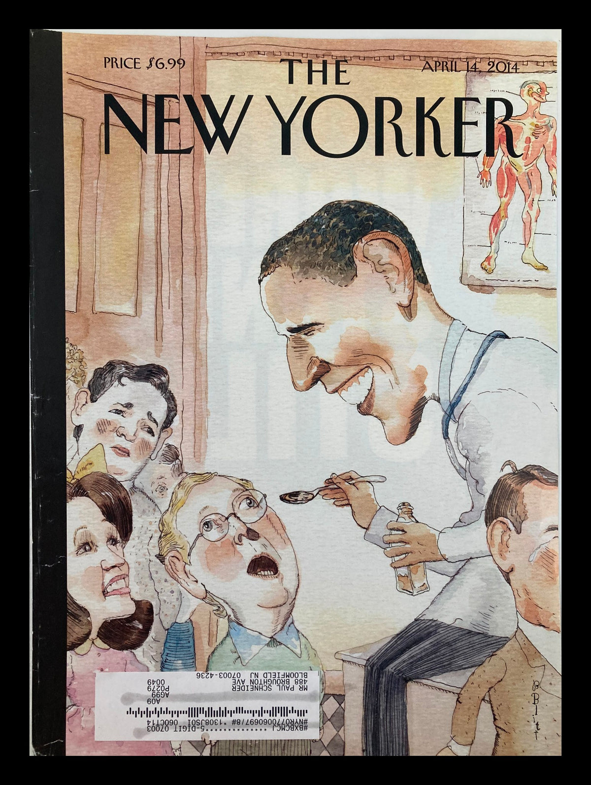 Cover of The New Yorker April 14 2014 featuring an illustration of Barack Obama by Barry Blitt, depicting a humorous political scene.