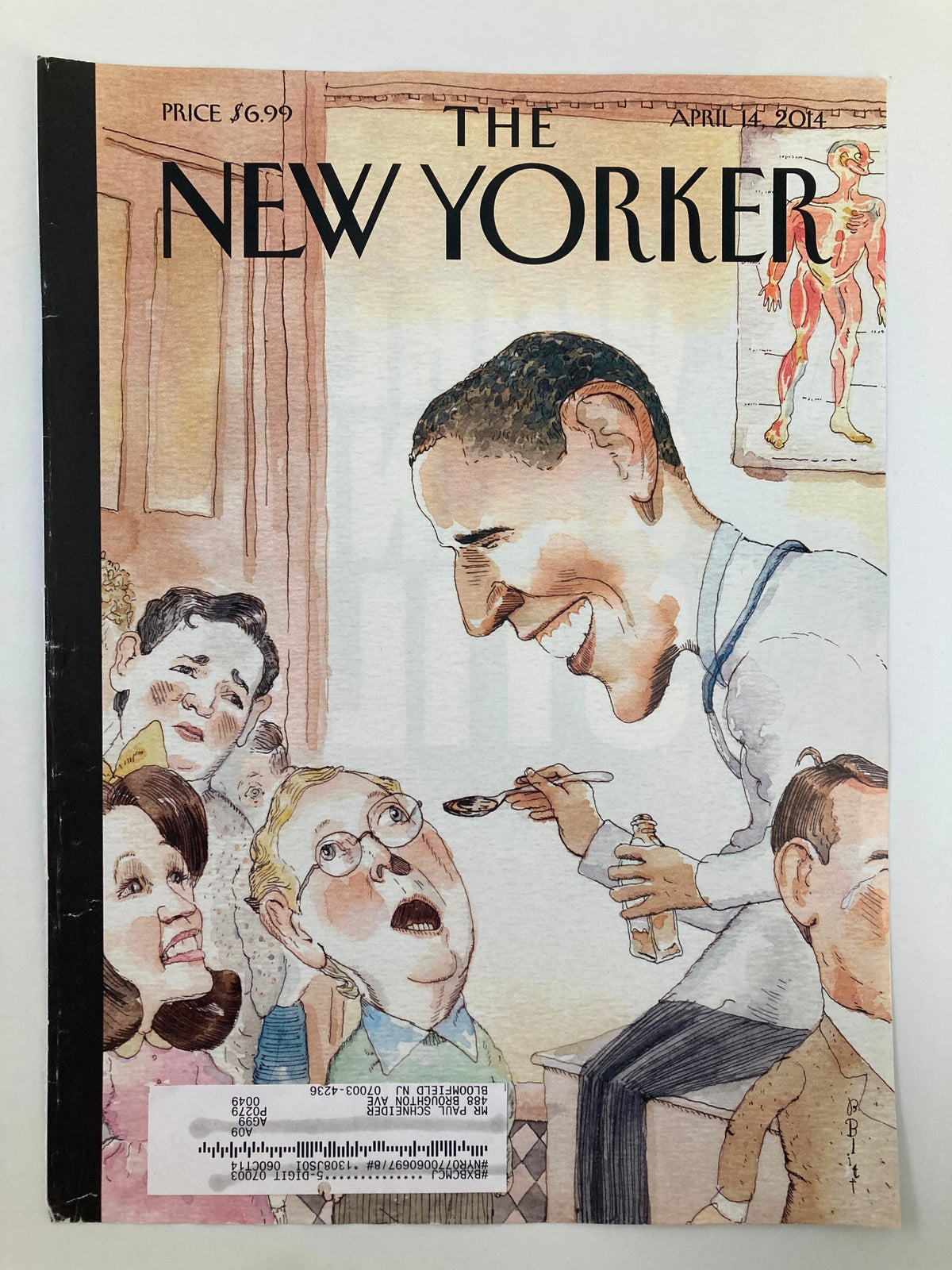 The New Yorker cover dated April 14 2014, illustrating Barack Obama by Barry Blitt, showcasing a satirical moment in a medical setting.
