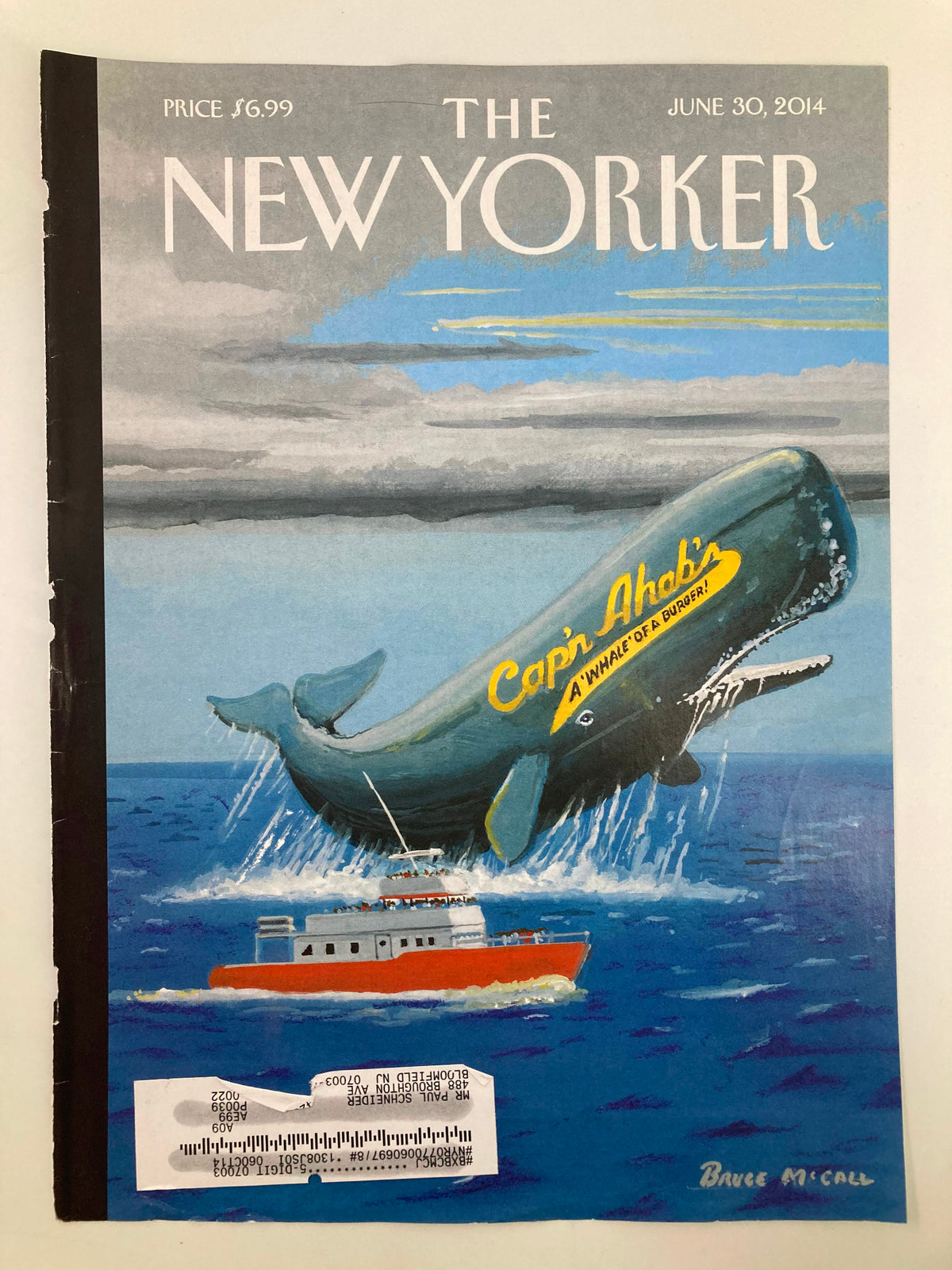 Cover of The New Yorker, June 30, 2014, featuring Cap'n Ahab's artwork by Bruce McCall, depicting a whimsical scene with a whale and a boat.