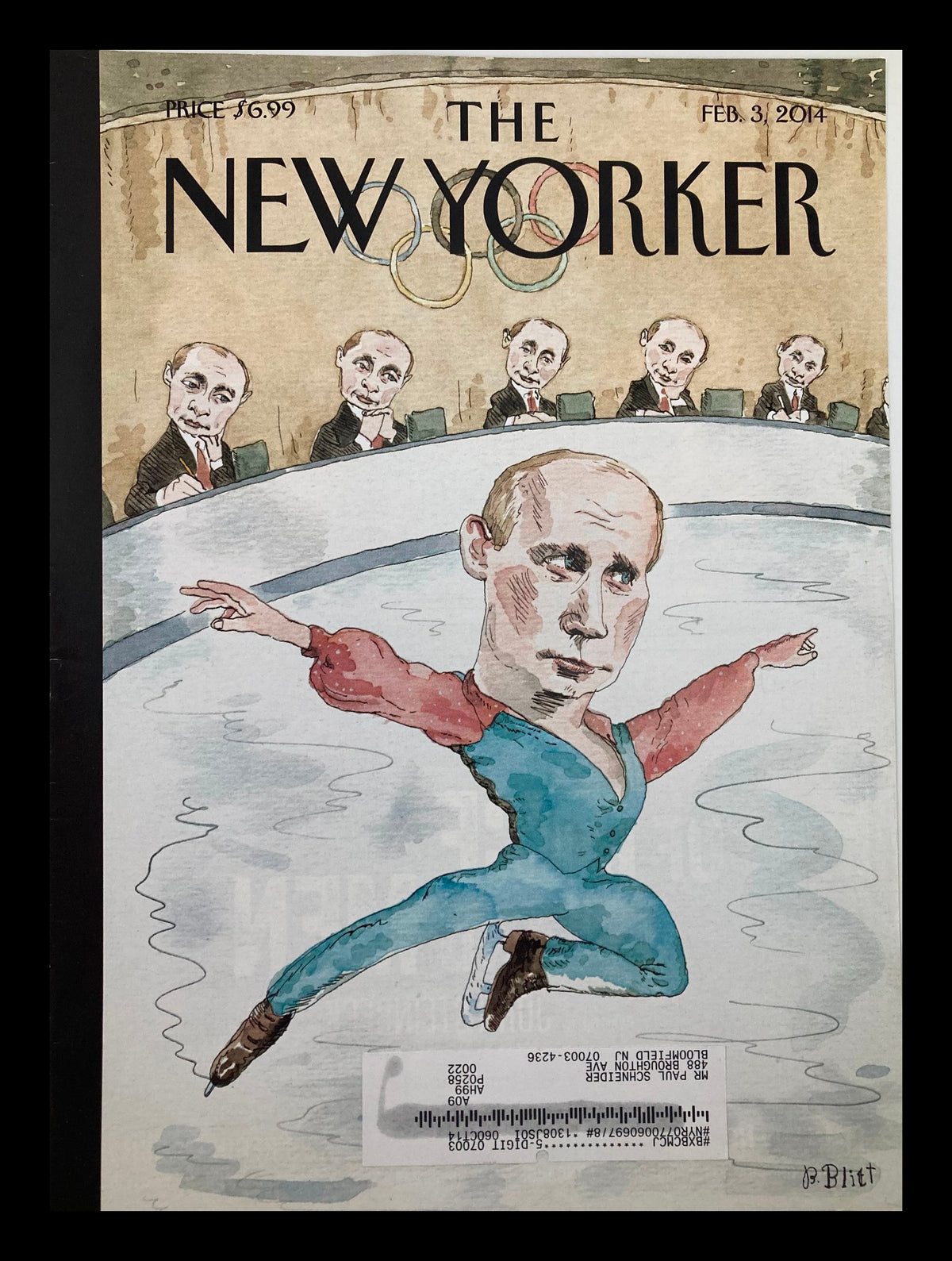 The New Yorker Cover featuring Vladimir Putin by Barry Blitt, depicting a satirical illustration of Putin ice skating with a humorous twist, February 3, 2014.