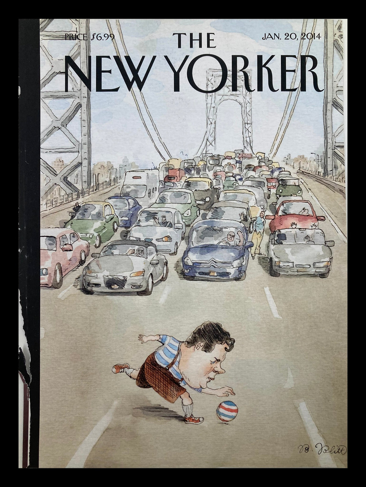Cover of The New Yorker January 20, 2014, featuring Governor Chris Christie illustrated by Barry Blitt, depicting heavy traffic with Christie chasing a soccer ball across the bridge.
