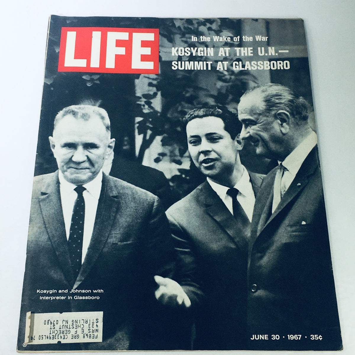 Cover of the vintage Life Magazine June 30, 1967 featuring Alexei Kosygin at the U.N. Summit at Glassboro, showing world leaders during a pivotal moment in Cold War history.