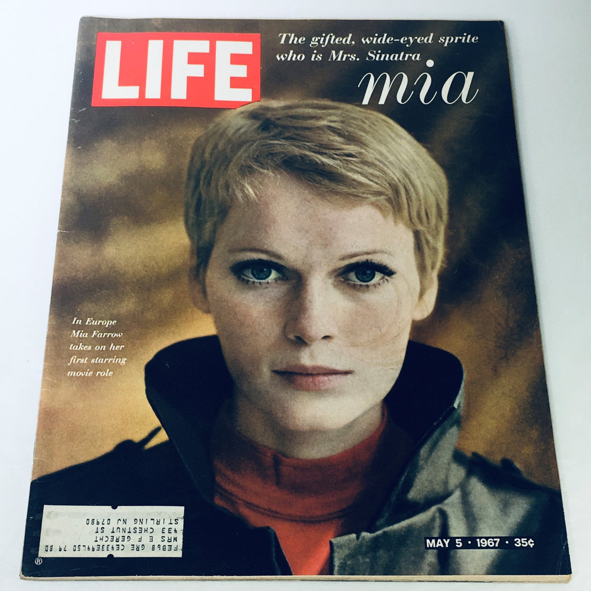 Cover of VTG Life Magazine May 5 1967 featuring Mia Farrow, showcasing her iconic look and style, with the question 'Who is Mrs. Sinatra?' prominently displayed alongside her portrait.
