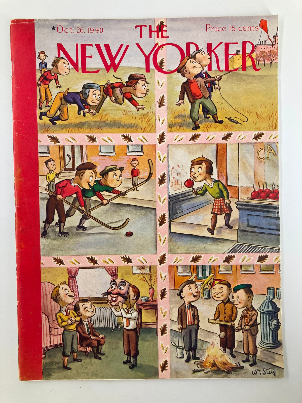 The New Yorker Magazine cover from October 26, 1940, featuring whimsical illustrations by William Steig depicting children engaging in various outdoor activities.