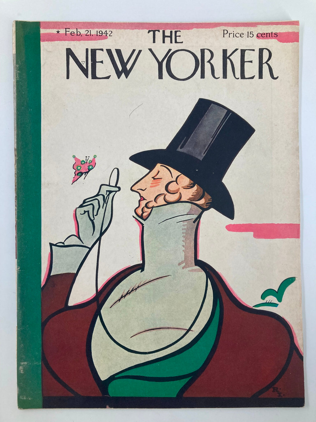 Cover of The New Yorker Magazine February 21, 1942 featuring Eustace Tilley illustrated by Rea Irvin, showcasing vintage art and design.