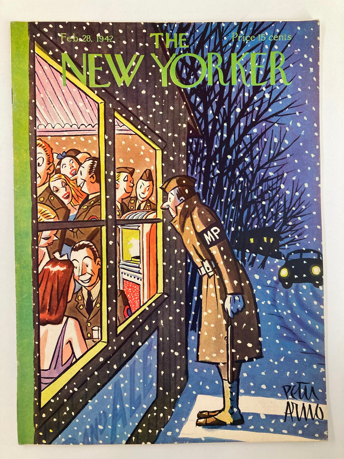 Cover of The New Yorker Magazine February 28, 1942, featuring the illustrated artwork "Soldier in the Snow" by Peter Arno, depicting an American soldier interacting with others during a snowstorm.