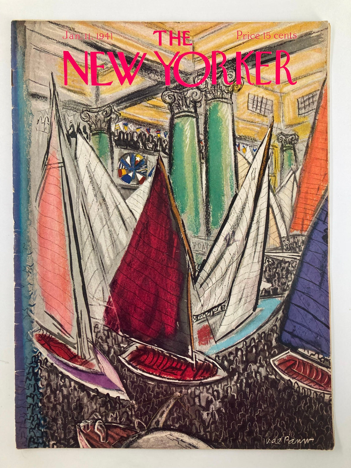 The New Yorker Magazine January 11, 1941 cover featuring a colorful illustration of sailboats at a boat show by Victor de Pauw, capturing the elegance of the pre-war era.